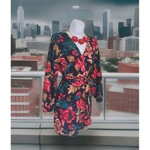 Faux Wrap Dress S Blue Floral V Neck Surplice Long Sleeve Elastic Waist Belted